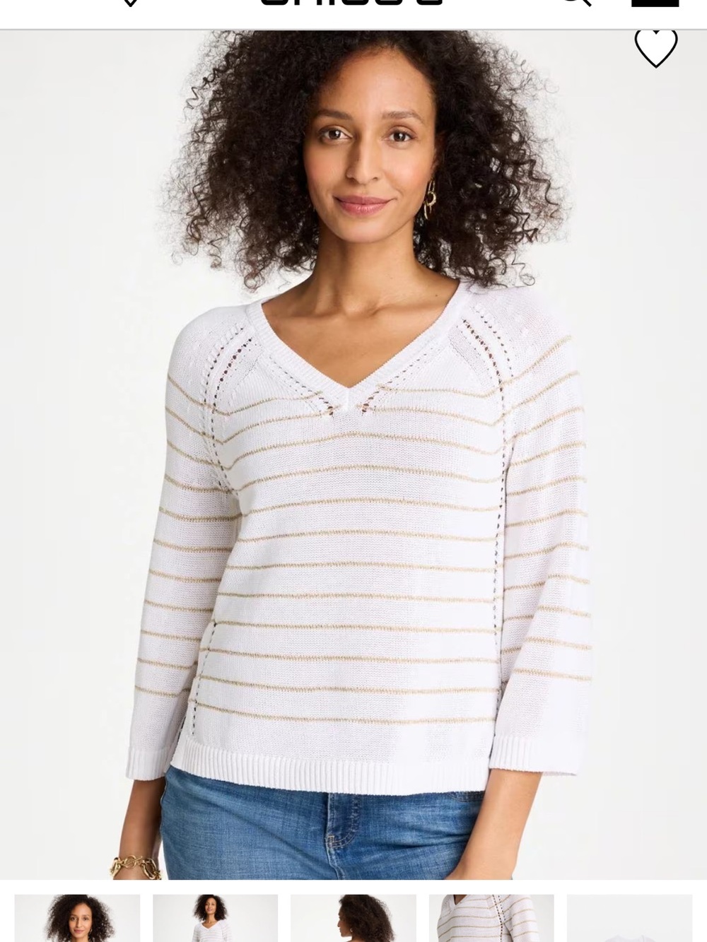 Chico's White V-Neck Sweater with Gold Stripes